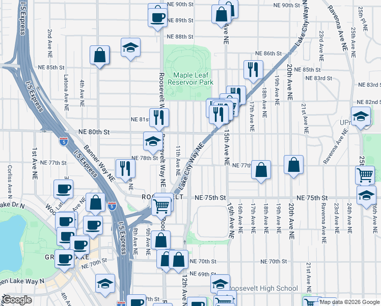 map of restaurants, bars, coffee shops, grocery stores, and more near 1210 Northeast 77th Street in Seattle