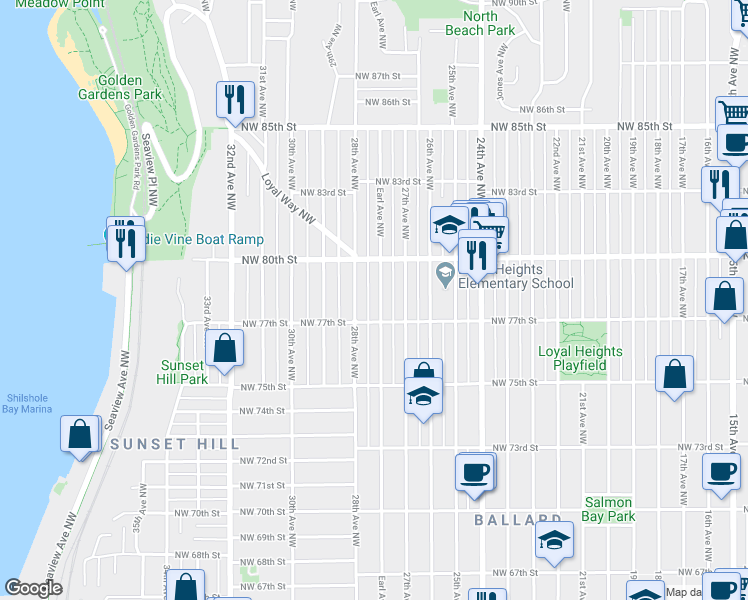 map of restaurants, bars, coffee shops, grocery stores, and more near 2752 Northwest 77th Street in Seattle