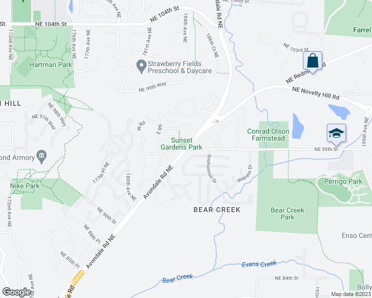 map of restaurants, bars, coffee shops, grocery stores, and more near Avondale Road Northeast & Northeast 95th Street in Redmond