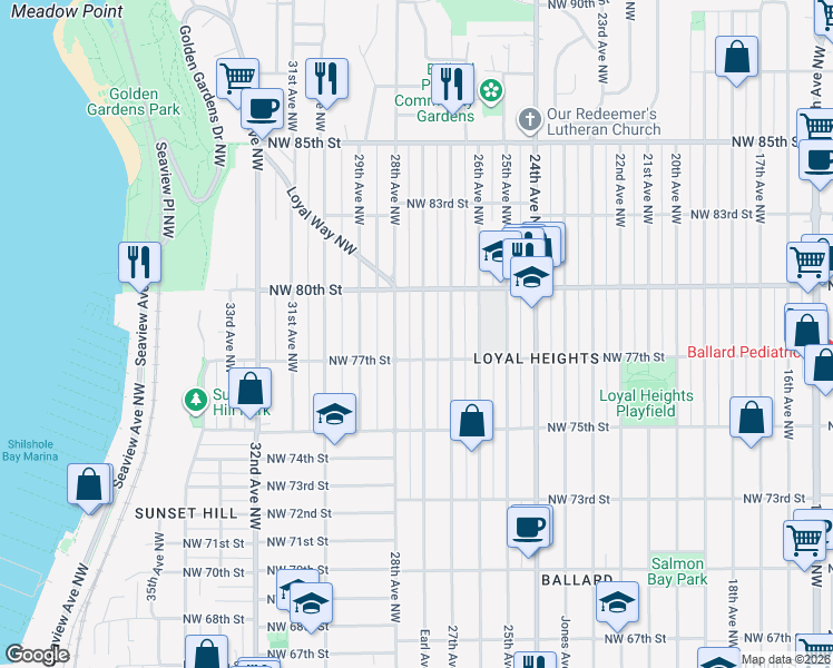 map of restaurants, bars, coffee shops, grocery stores, and more near 7721 Earl Avenue Northwest in Seattle