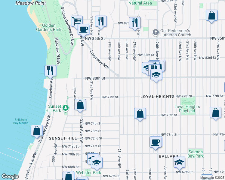 map of restaurants, bars, coffee shops, grocery stores, and more near 7702 29th Avenue Northwest in Seattle