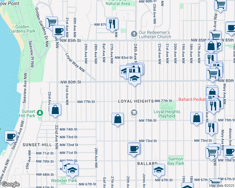 map of restaurants, bars, coffee shops, grocery stores, and more near 7560 26th Avenue Northwest in Seattle