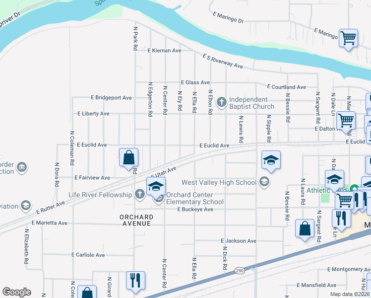 map of restaurants, bars, coffee shops, grocery stores, and more near 7721 East Rutter Avenue in Spokane Valley