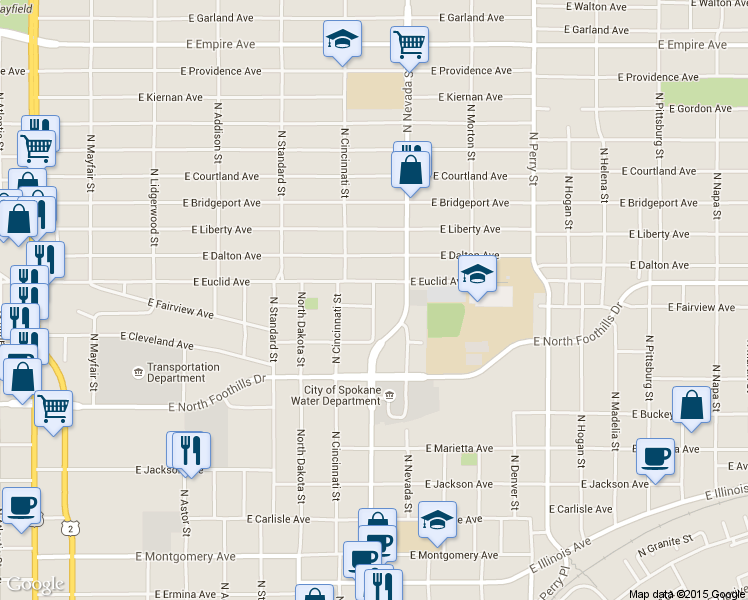 map of restaurants, bars, coffee shops, grocery stores, and more near 2919 North Nevada Street in Spokane