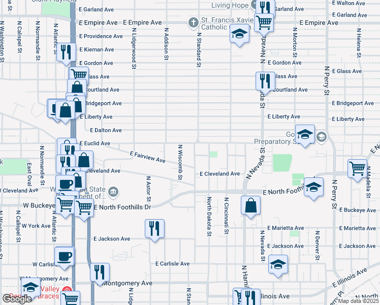 map of restaurants, bars, coffee shops, grocery stores, and more near 553 East Fairview Avenue in Spokane