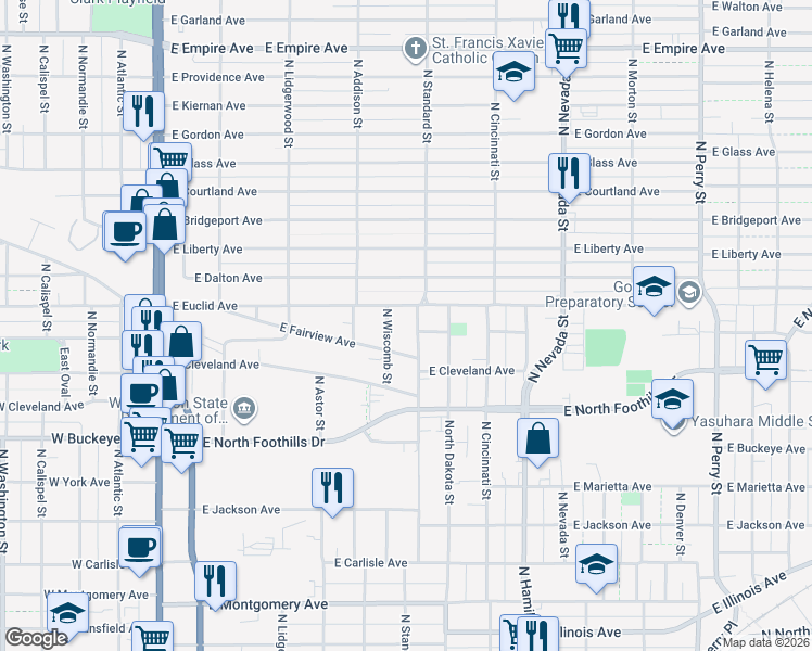 map of restaurants, bars, coffee shops, grocery stores, and more near 553 East Fairview Avenue in Spokane
