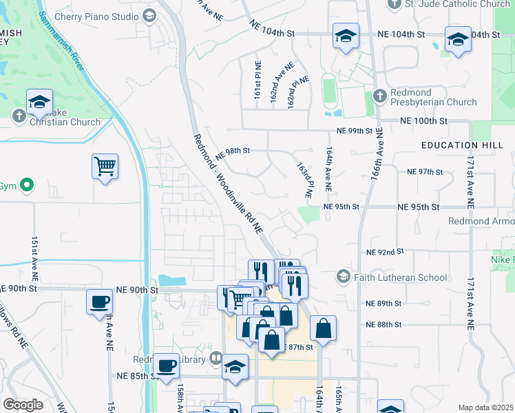 map of restaurants, bars, coffee shops, grocery stores, and more near 9302 Woodinville - Redmond Road Northeast in Redmond