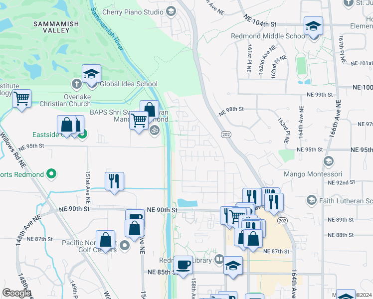 map of restaurants, bars, coffee shops, grocery stores, and more near 15601 Northeast 95th Way in Redmond
