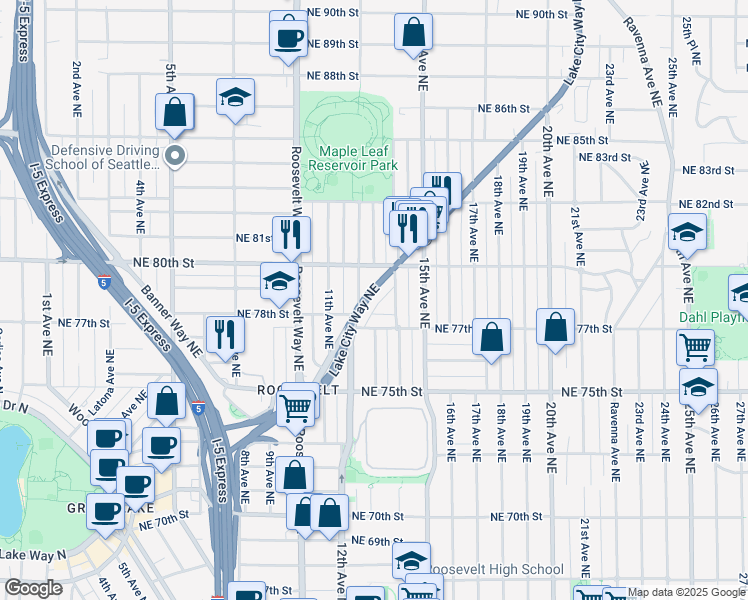 map of restaurants, bars, coffee shops, grocery stores, and more near 1210 Northeast 77th Street in Seattle
