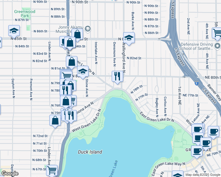 map of restaurants, bars, coffee shops, grocery stores, and more near 7803 West Green Lake Drive North in Seattle
