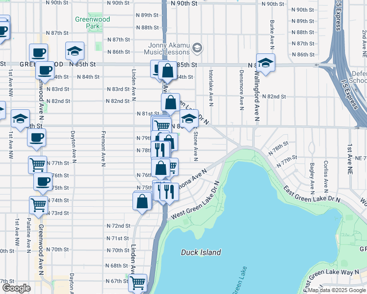 map of restaurants, bars, coffee shops, grocery stores, and more near 1132 North 77th Street in Seattle