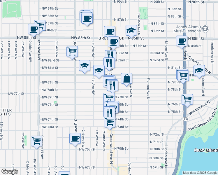 map of restaurants, bars, coffee shops, grocery stores, and more near 7706 Greenwood Avenue North in Seattle