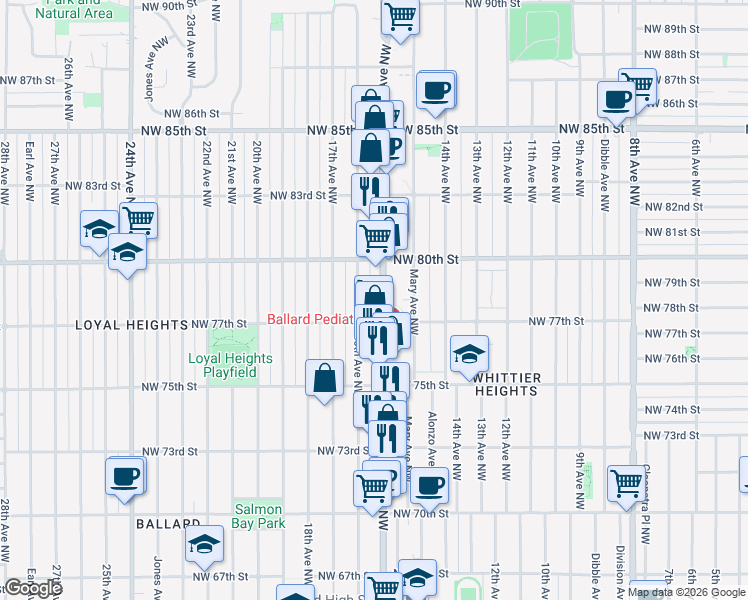 map of restaurants, bars, coffee shops, grocery stores, and more near in Seattle
