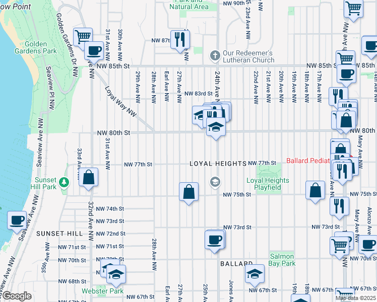 map of restaurants, bars, coffee shops, grocery stores, and more near 7560 26th Avenue Northwest in Seattle