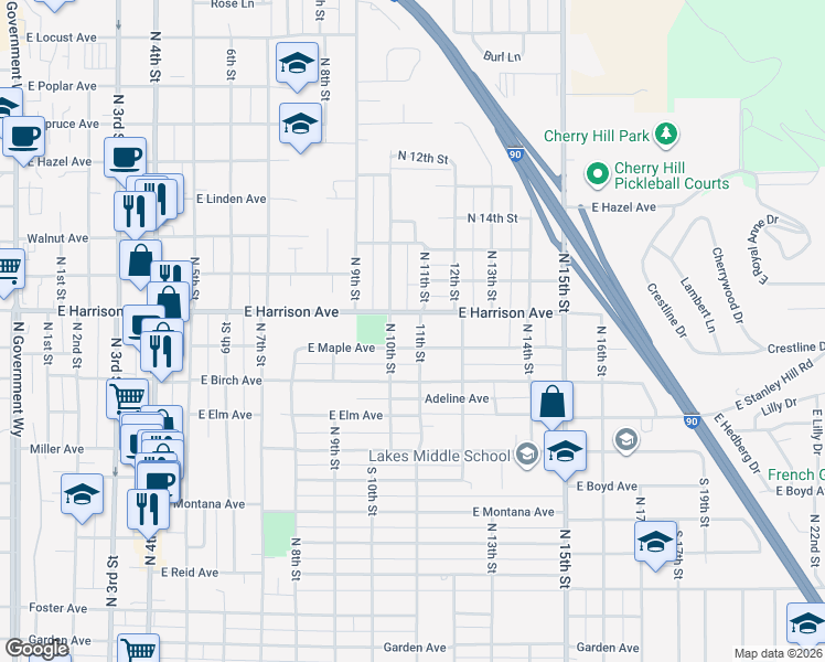 map of restaurants, bars, coffee shops, grocery stores, and more near 1110 North 11th Street in Coeur d'Alene