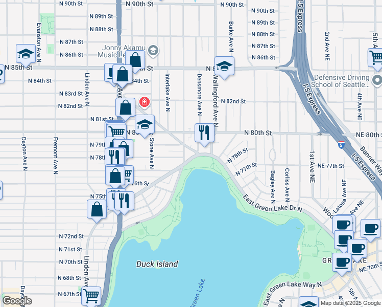 map of restaurants, bars, coffee shops, grocery stores, and more near 7801 Green Lake Drive North in Seattle