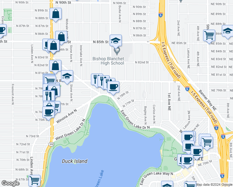 map of restaurants, bars, coffee shops, grocery stores, and more near 7812 Stroud Avenue North in Seattle