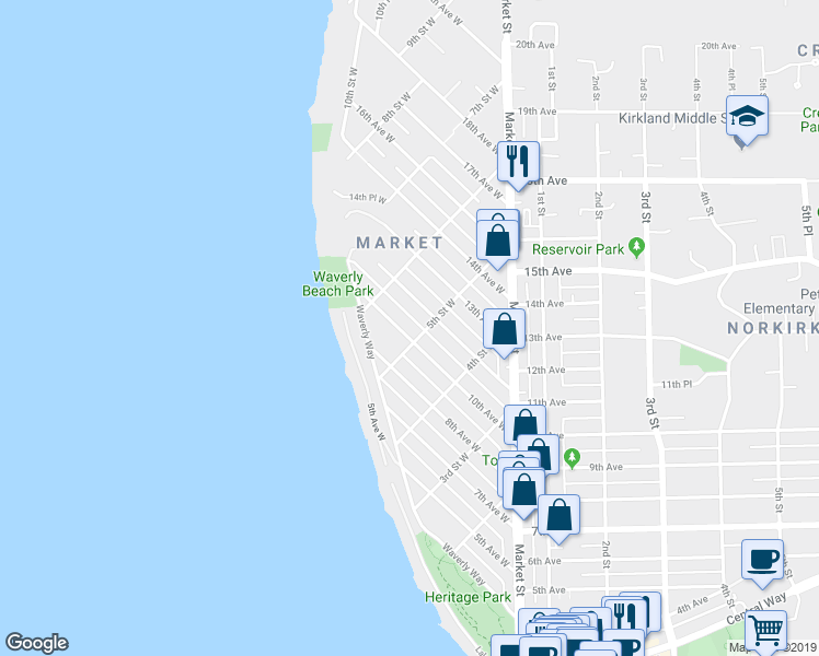 map of restaurants, bars, coffee shops, grocery stores, and more near 508 10th Avenue West in Kirkland