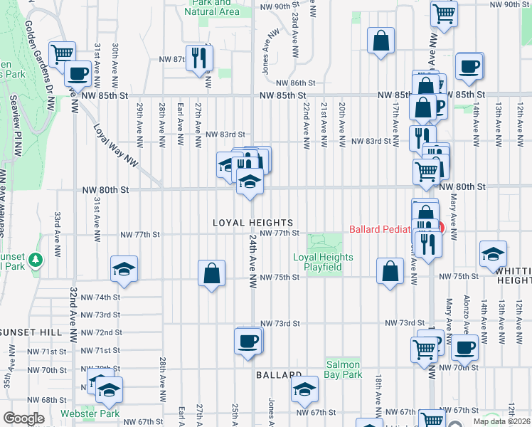 map of restaurants, bars, coffee shops, grocery stores, and more near 7753 Jones Avenue Northwest in Seattle