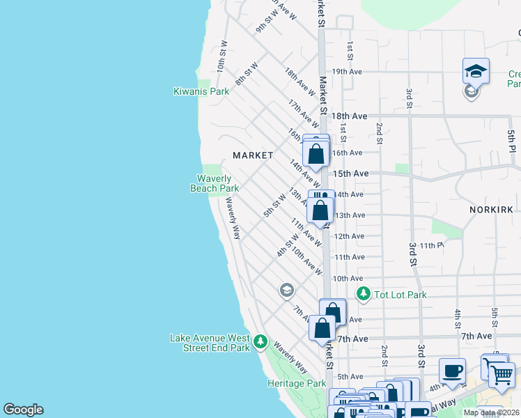 map of restaurants, bars, coffee shops, grocery stores, and more near 508 10th Avenue West in Kirkland
