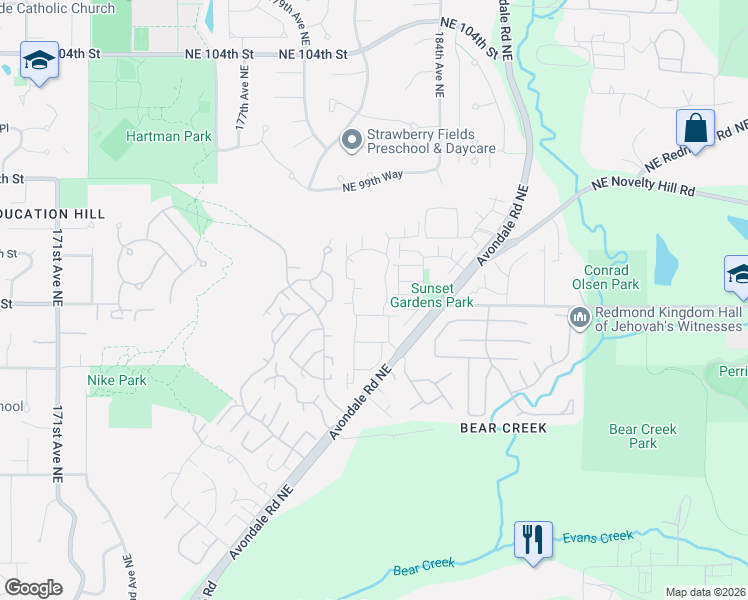 map of restaurants, bars, coffee shops, grocery stores, and more near 18100 Northeast 95th Street in Redmond