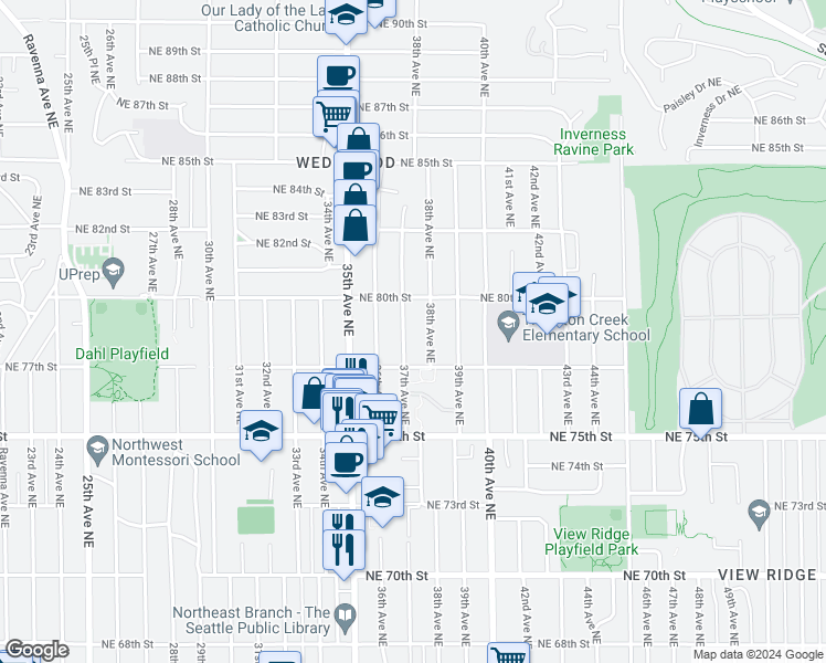 map of restaurants, bars, coffee shops, grocery stores, and more near 7759 38th Avenue Northeast in Seattle