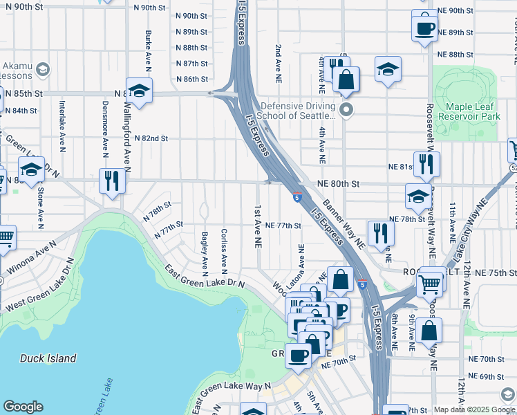 map of restaurants, bars, coffee shops, grocery stores, and more near 111 Northeast 80th Street in Seattle