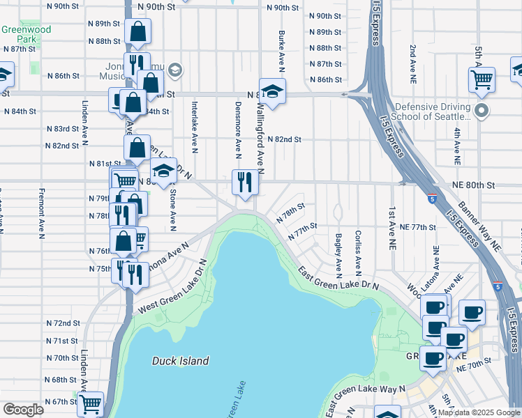 map of restaurants, bars, coffee shops, grocery stores, and more near 7927 Wallingford Avenue North in Seattle
