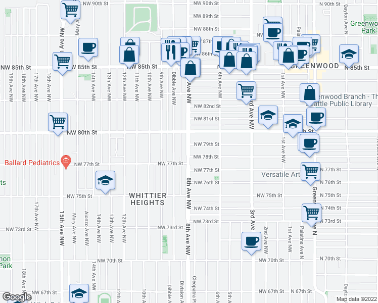 map of restaurants, bars, coffee shops, grocery stores, and more near in Seattle