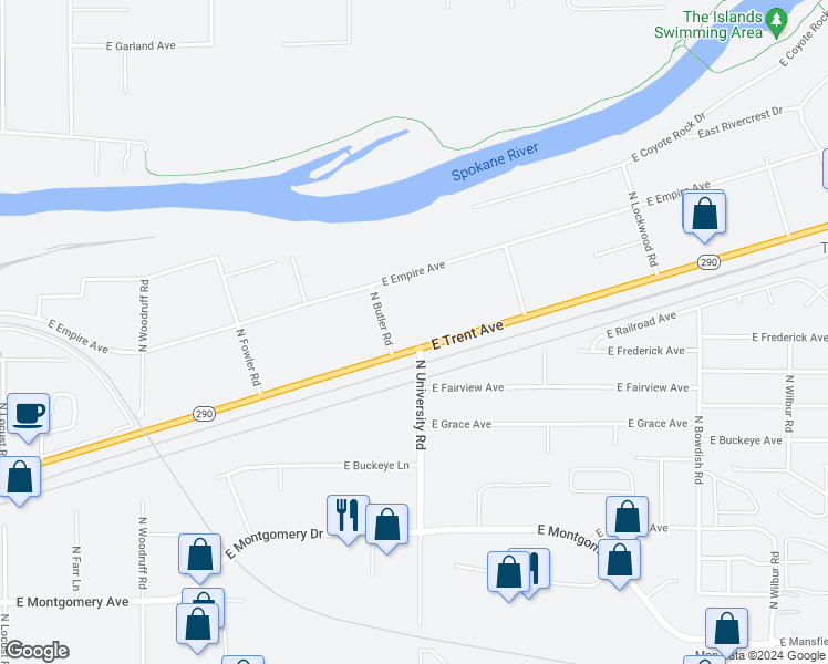 map of restaurants, bars, coffee shops, grocery stores, and more near 10625 East Trent Avenue in Spokane Valley