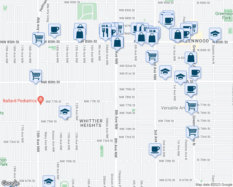 map of restaurants, bars, coffee shops, grocery stores, and more near in Seattle