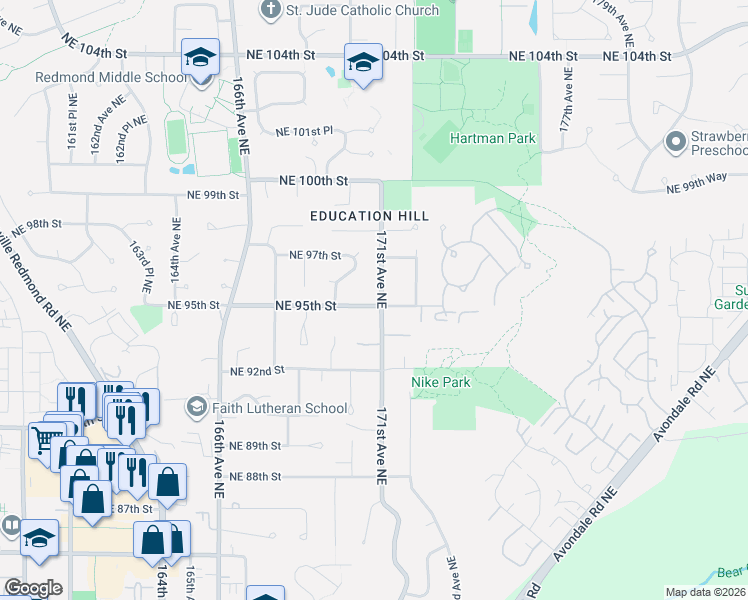 map of restaurants, bars, coffee shops, grocery stores, and more near 17050 Northeast 95th Street in Redmond
