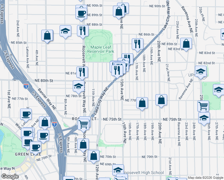 map of restaurants, bars, coffee shops, grocery stores, and more near 1409 Northeast 80th Street in Seattle