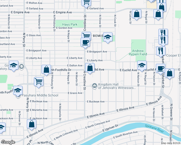 map of restaurants, bars, coffee shops, grocery stores, and more near 3001 North Lee Street in Spokane