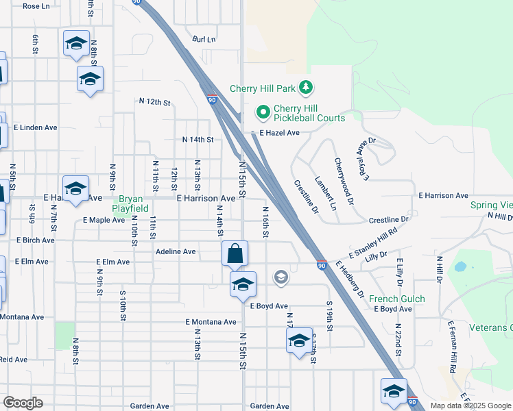 map of restaurants, bars, coffee shops, grocery stores, and more near 1206 North 15th Street in Coeur d'Alene