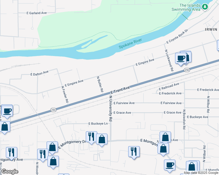 map of restaurants, bars, coffee shops, grocery stores, and more near 10626 East Empire Avenue in Spokane Valley