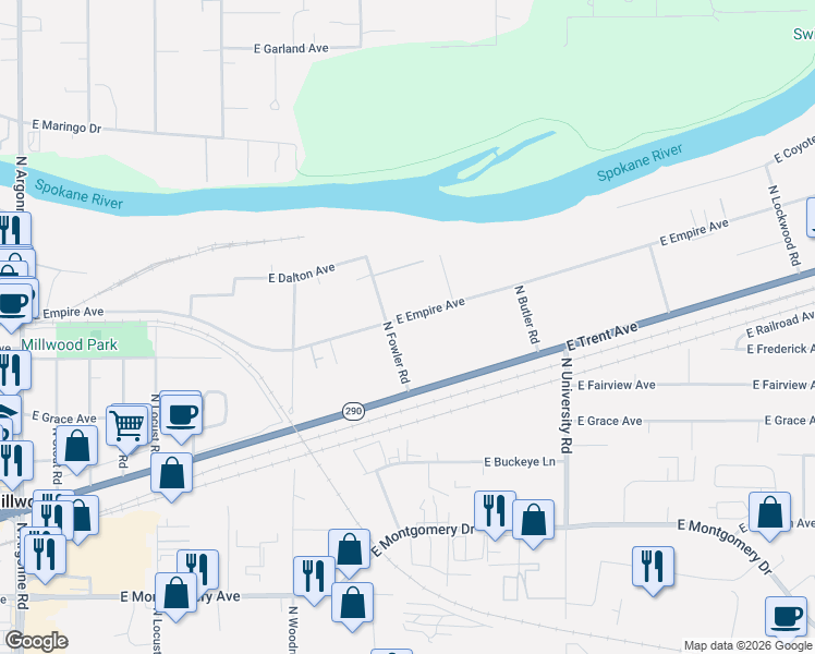map of restaurants, bars, coffee shops, grocery stores, and more near 10301 East Empire Avenue in Spokane