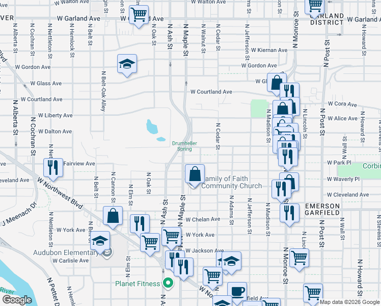 map of restaurants, bars, coffee shops, grocery stores, and more near 3115 North Maple Street in Spokane