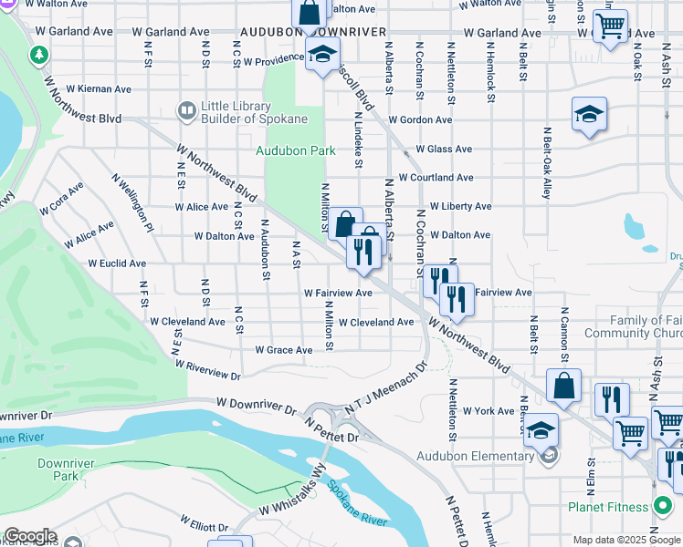 map of restaurants, bars, coffee shops, grocery stores, and more near 2716 West Northwest Boulevard in Spokane
