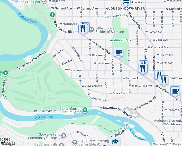 map of restaurants, bars, coffee shops, grocery stores, and more near 3224 West Euclid Avenue in Spokane