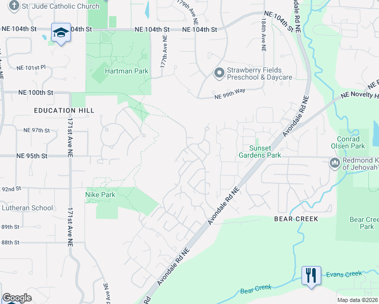 map of restaurants, bars, coffee shops, grocery stores, and more near 17712 Northeast 96th Way in Redmond