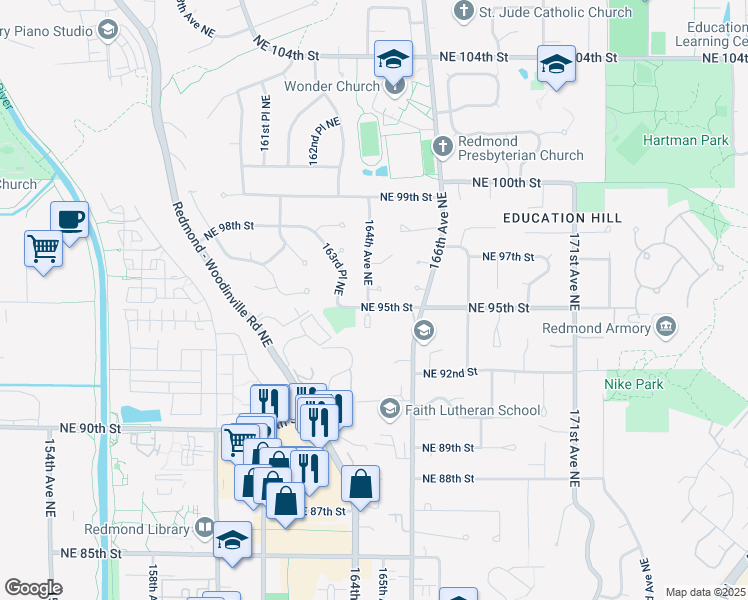 map of restaurants, bars, coffee shops, grocery stores, and more near 16406 Northeast 96th Place in Redmond