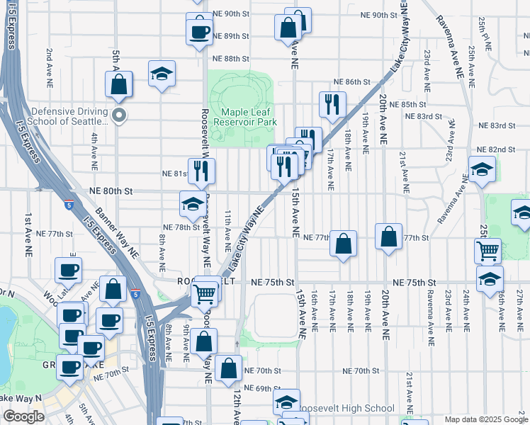 map of restaurants, bars, coffee shops, grocery stores, and more near 1211 Northeast 80th Street in Seattle