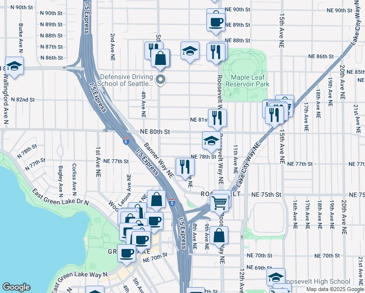 map of restaurants, bars, coffee shops, grocery stores, and more near 555 Northeast 80th Street in Seattle