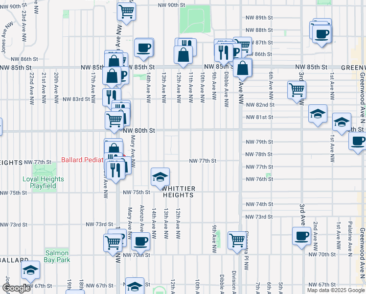 map of restaurants, bars, coffee shops, grocery stores, and more near 7747 12th Avenue Northwest in Seattle