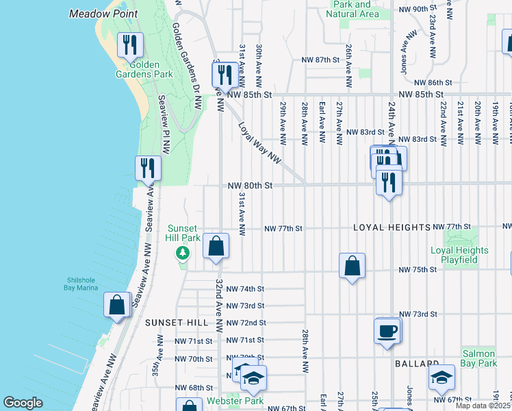 map of restaurants, bars, coffee shops, grocery stores, and more near 2921 Northwest 80th Street in Seattle