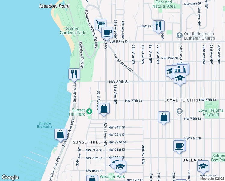 map of restaurants, bars, coffee shops, grocery stores, and more near 3103 Northwest 80th Street in Seattle