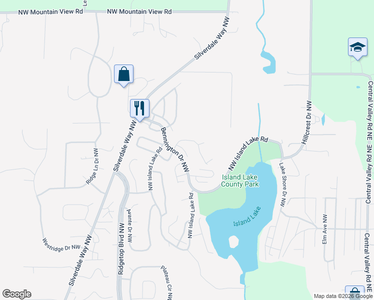 map of restaurants, bars, coffee shops, grocery stores, and more near 13563 Huntley Place Northwest in Silverdale