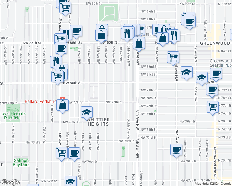 map of restaurants, bars, coffee shops, grocery stores, and more near 7726 10th Avenue Northwest in Seattle