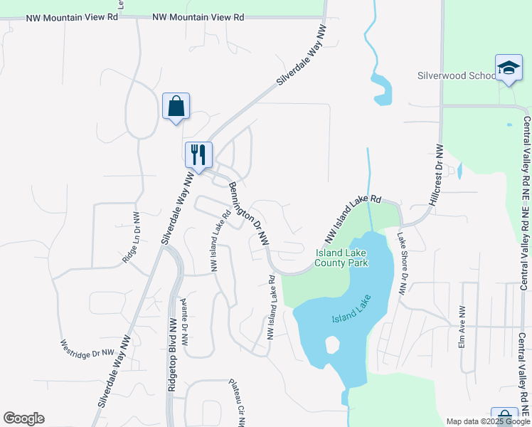 map of restaurants, bars, coffee shops, grocery stores, and more near 13563 Huntley Place Northwest in Silverdale